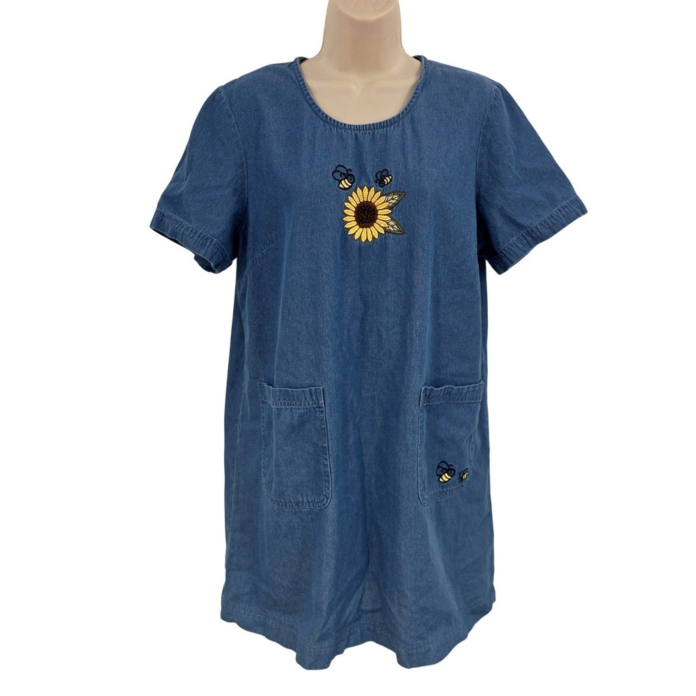 VTG Blair Dress Sunflower Bees Blue Denim Embroidery Novelty Shift Pockets SZ M
